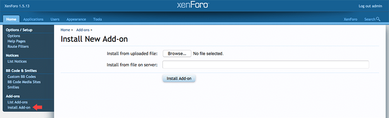 XML File Upload to Install XenForo Addon